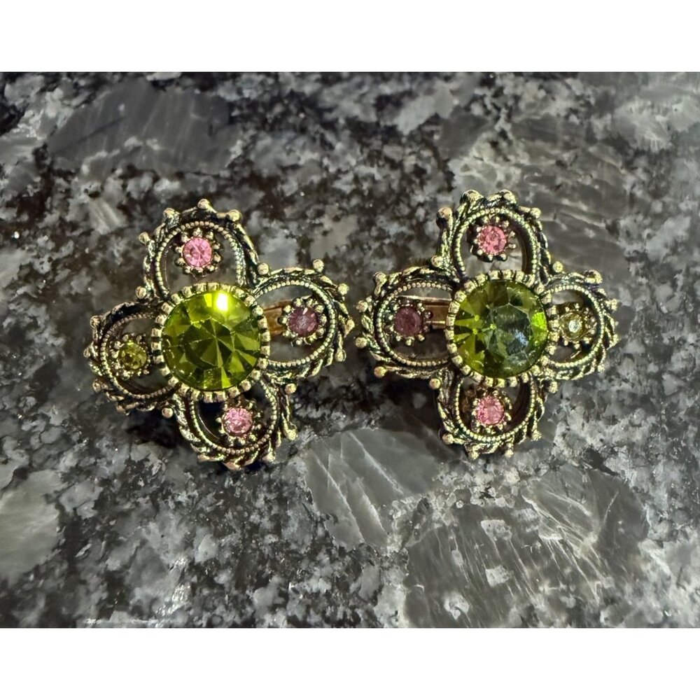 Vintage Sarah Coventry Green & Pink Rhinestone Flower Clip-On Earrings Gold Tone